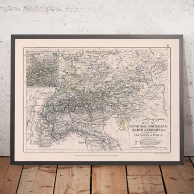 Mapa militar antiguo de las campañas de Napoleón, 1796: Milán, Zúrich, Venecia, batallas, rutas