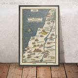 Antigua mapa de Palestina por Bunting, 1592: Canaán, Israel, Jerusalén, Gaza, río Jordán 