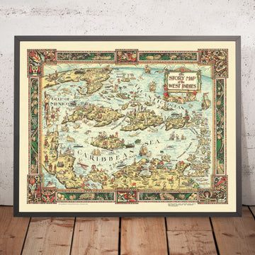 Old Pictorial Map of the Caribbean, 1936: Havana, Nassau, Kingston, Gulf of Mexico