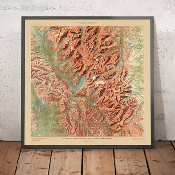 Ancienne carte en relief du parc national des Glaciers, Montana, 1914 : Logan Pass, lac St. Mary, lac McDonald, Many Glacier, Chief Mt 