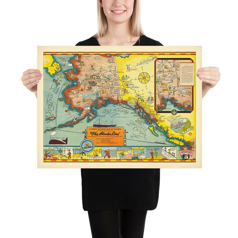 Old Pictorial Map of Alaska by Camy, 1940: Anchorage, Fairbanks, Railway, Geysers, Whales