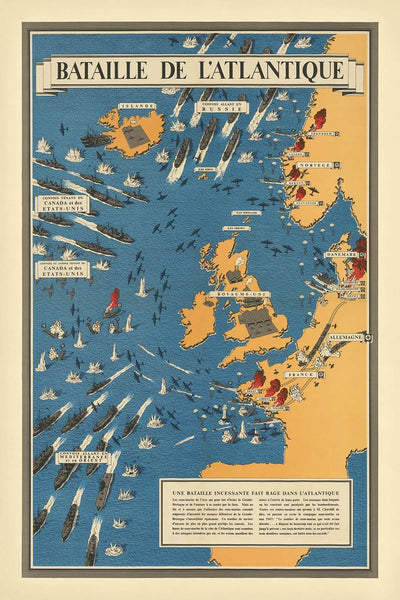 Ancienne carte illustrée de la bataille de l'Atlantique par Blake, 1944 : Royaume-Uni, sous-marins, convois, France, Allemagne