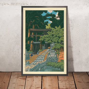 Gerahmtes Bild von "Children Playing at Kumagai Dairaidou Shrine" von Hasui Kawase, 1935