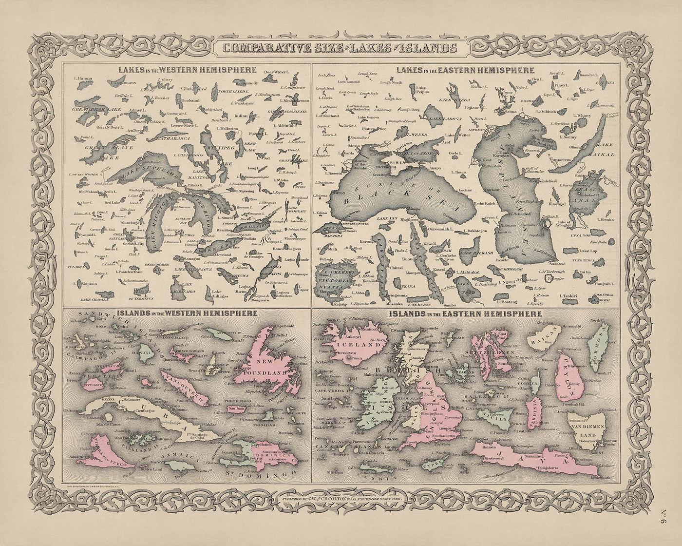 The Comparative Size of Lakes and Islands of the World, 1886: North & South Hemispheres, Great Lakes, Black Sea, etc.