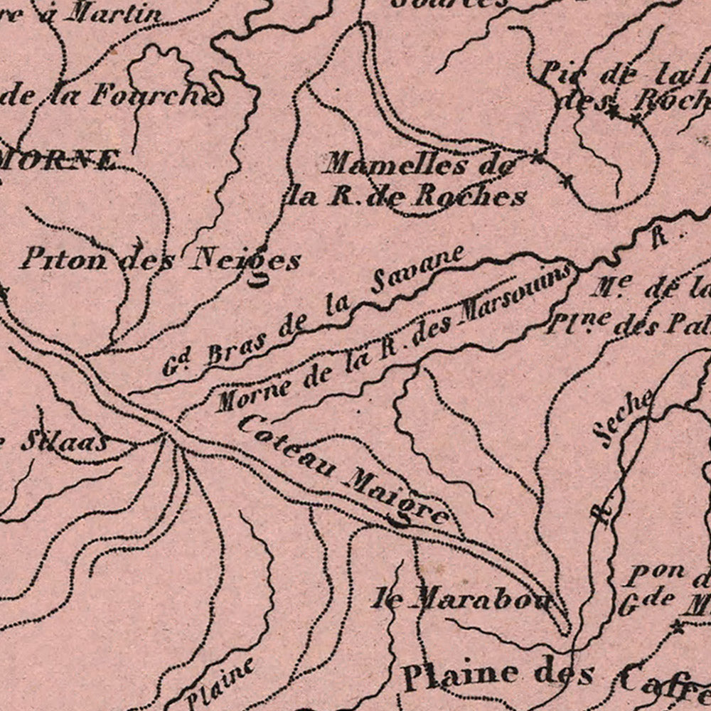 Old Map of Réunion Island by Vuillemin, 1869: Volcano, Saint-Denis, Saint-Pierre, Indian Ocean, Sugar Cane