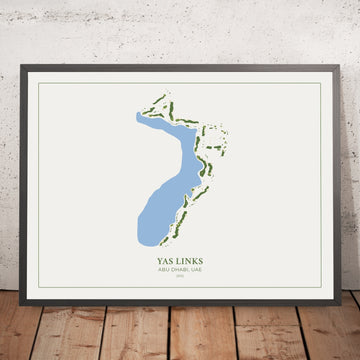 A framed image of Yas Links - Abu Dhabi, UAE in the style of a simple and modern golf course map