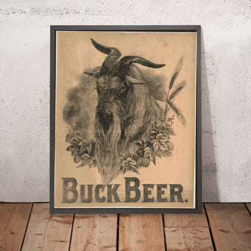 A framed image of Vintage Buck Beer Poster, 1885