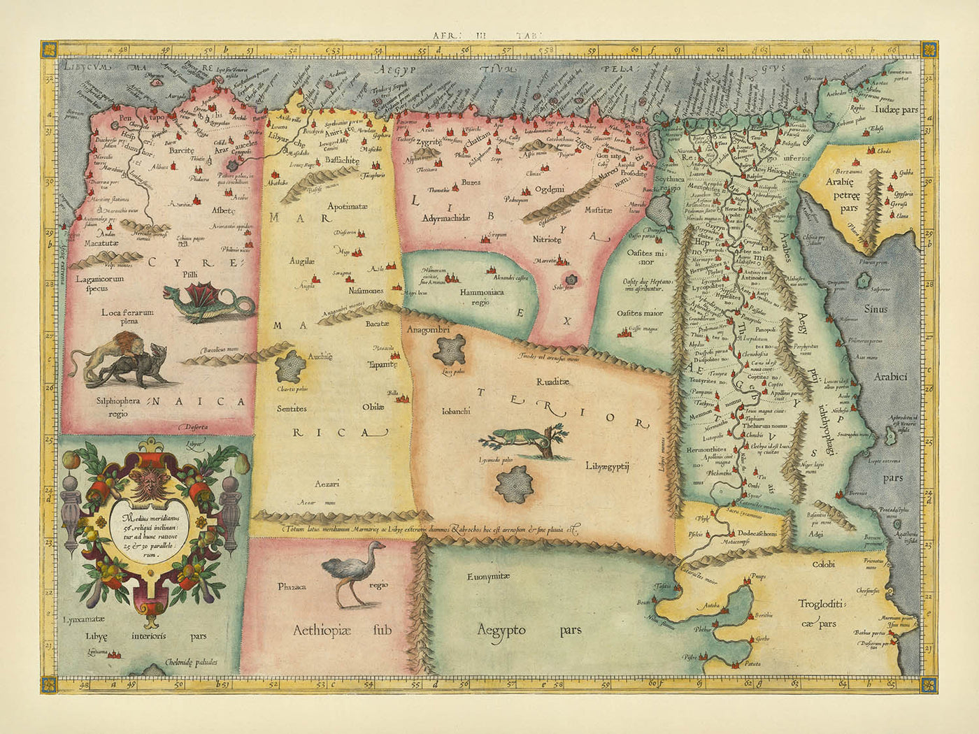 Old Ptolemaic Map of Libya and Egypt by Mercator, 1578: Nile, Red Sea, Alexandria, Mythical Creatures