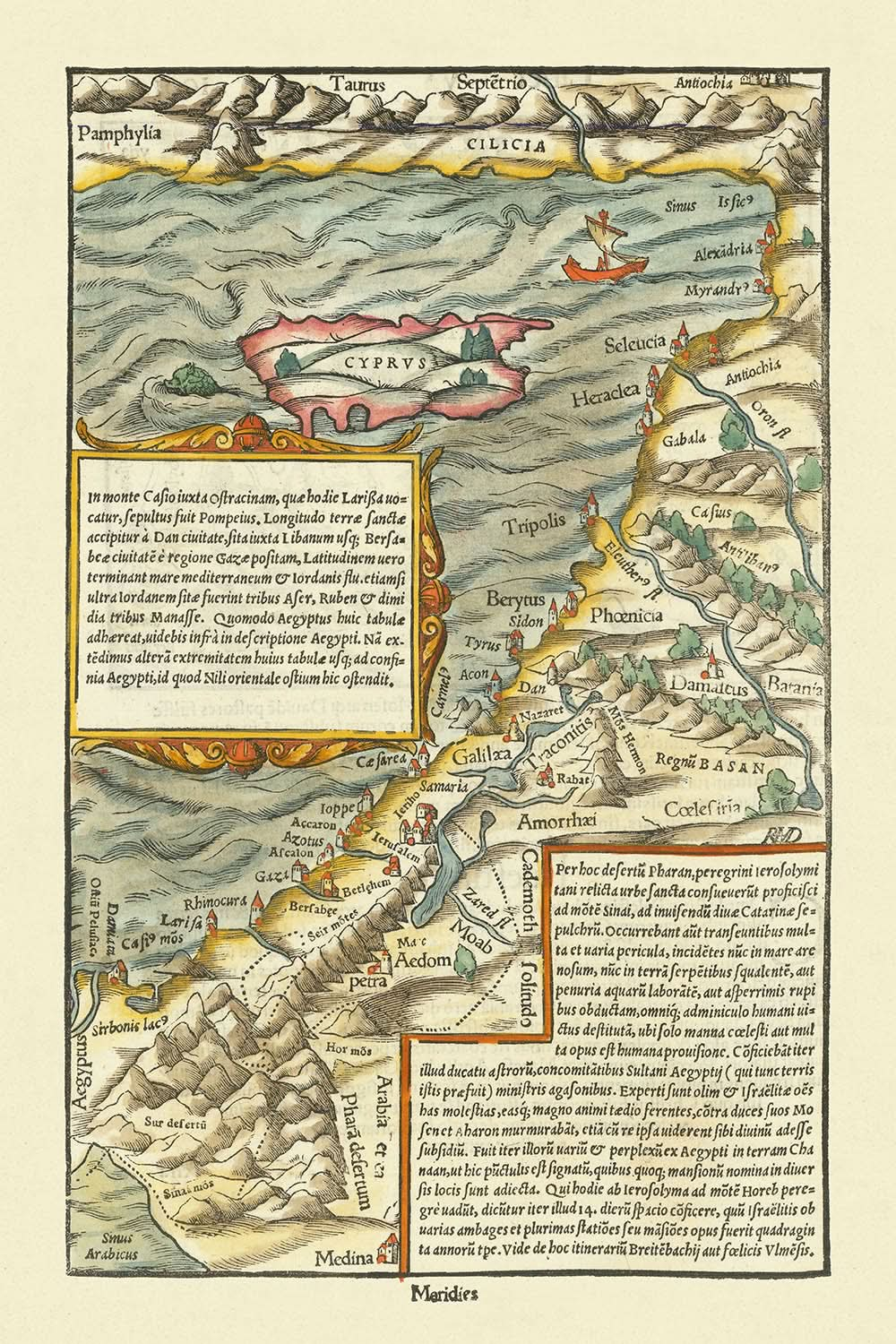 Alte Karte von Zypern und dem Heiligen Land von Münster, 1554: Jerusalem, Berg Sinai, Medina, Segelschiffe, Taurusgebirge.