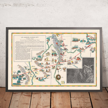 Mappa Pittorica della Rotta Aerea Los Angeles–Kansas City, 1929: Grand Canyon, Montagne Rocciose, Western Air Express 
