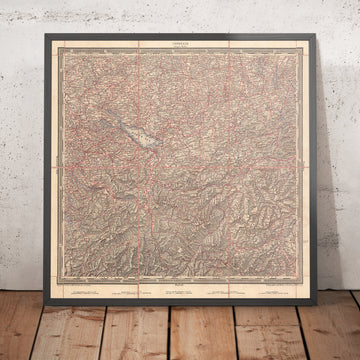 Old Topographic Map of Lake Constance Bodensee Region by Woerl, 1850: Zurich, Lucerne, Konstanz, Rhine, Black Forest
