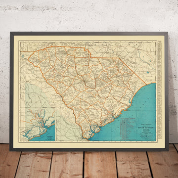 Mapa antiguo de Carolina del Sur, 1930: detalle de Charleston, Columbia, Greenville, ferrocarriles y carreteras, río Savannah 