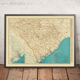 Alte Karte von South Carolina, 1930: Charleston-Inneneinfügung, Columbia, Greenville, Eisenbahnen & Hauptstraßen, Savannah River 