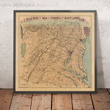 Antiguo mapa de la Guerra Civil de Virginia y Maryland de Bruff, 1863: fuertes de Washington, Richmond, Fredericksburg, Baltimore, ferrocarril B&O 
