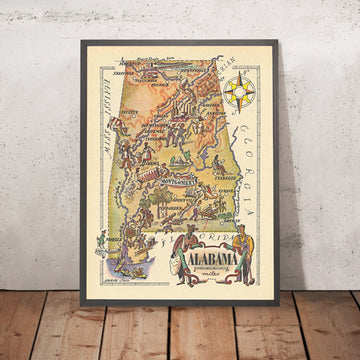 Ancienne carte picturale de l’Alabama par Liozu, 1946 : Huntsville, Birmingham, Montgomery, Mobile, Tennessee River 
