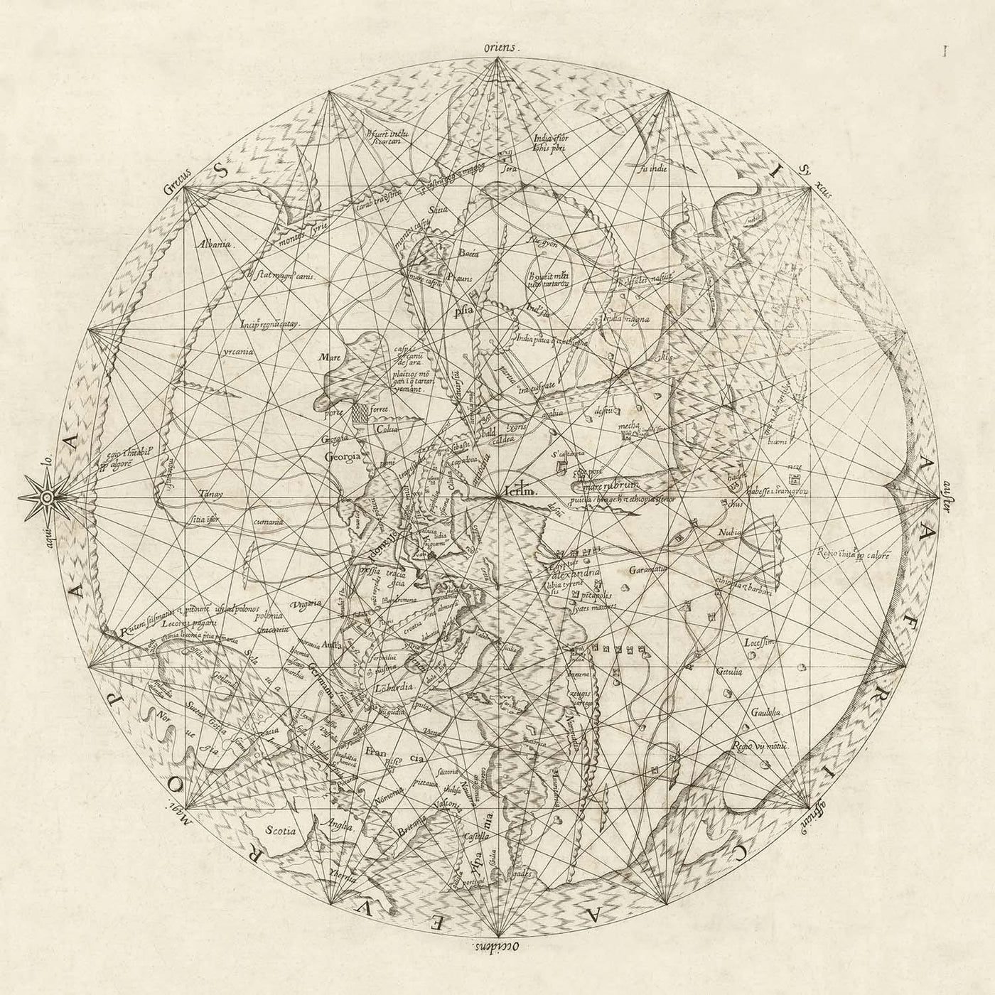 Mittelalterliche Weltkarte zentriert auf Jerusalem von Vesconte, 1611: Portolan Mappa Mundi 