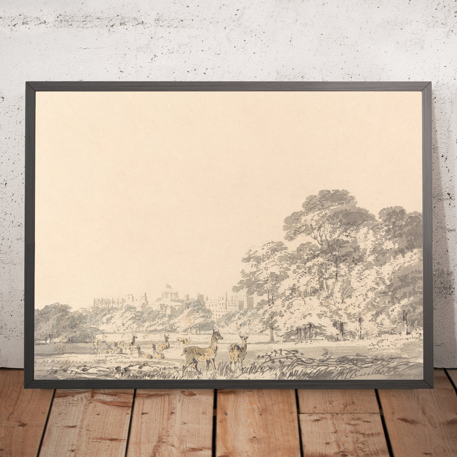 A framed image of Windsor Castle and Park with Deer by Turner 1800