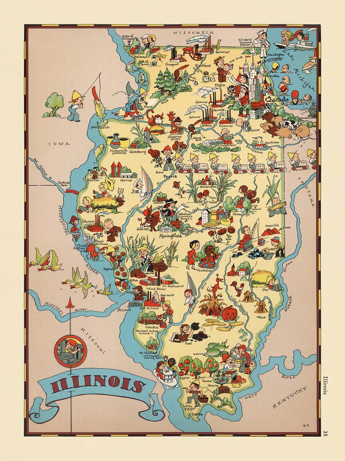 Pictorial Map of Illinois by Ruth Taylor White, 1935: Chicago, Springfield, Peoria, Mississippi & Illinois Rivers, County Boundaries
