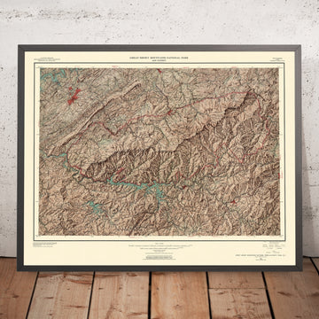Ancienne carte en relief du parc national des Great Smoky Mountains, 1963 : Clingmans Dome, Newfound Gap, Cades Cove, US 441, lac Fontana 