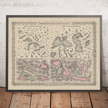 La taille comparative des lacs et des îles du monde, 1886 : hémisphères nord et sud, Grands Lacs, mer Noire, etc. 