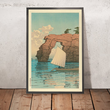 Una imagen enmarcada de Sailboat and Zaimoku Island en Matsushima de Hasui Kawase, 1935
