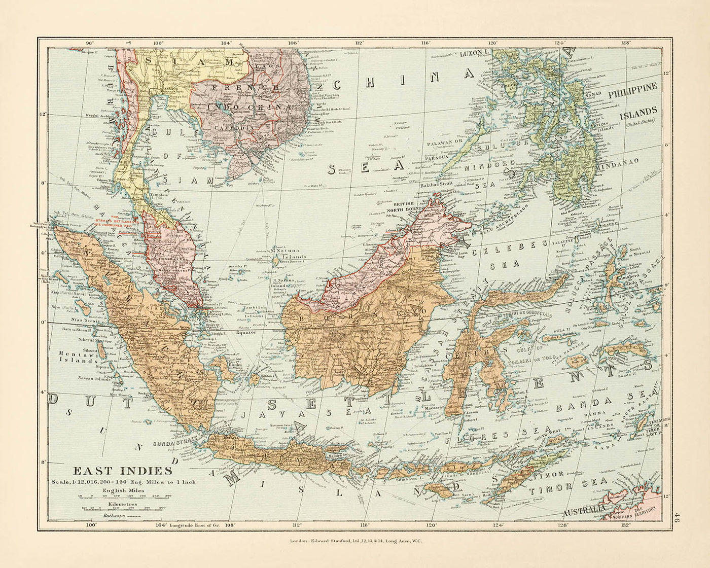 Alte Karte der Ostindien von Stanford, 1926: Indonesien, Malaysia, Philippinen, Eisenbahnen 
