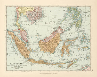 Alte Karte der Ostindien von Stanford, 1926: Indonesien, Malaysia, Philippinen, Eisenbahnen 