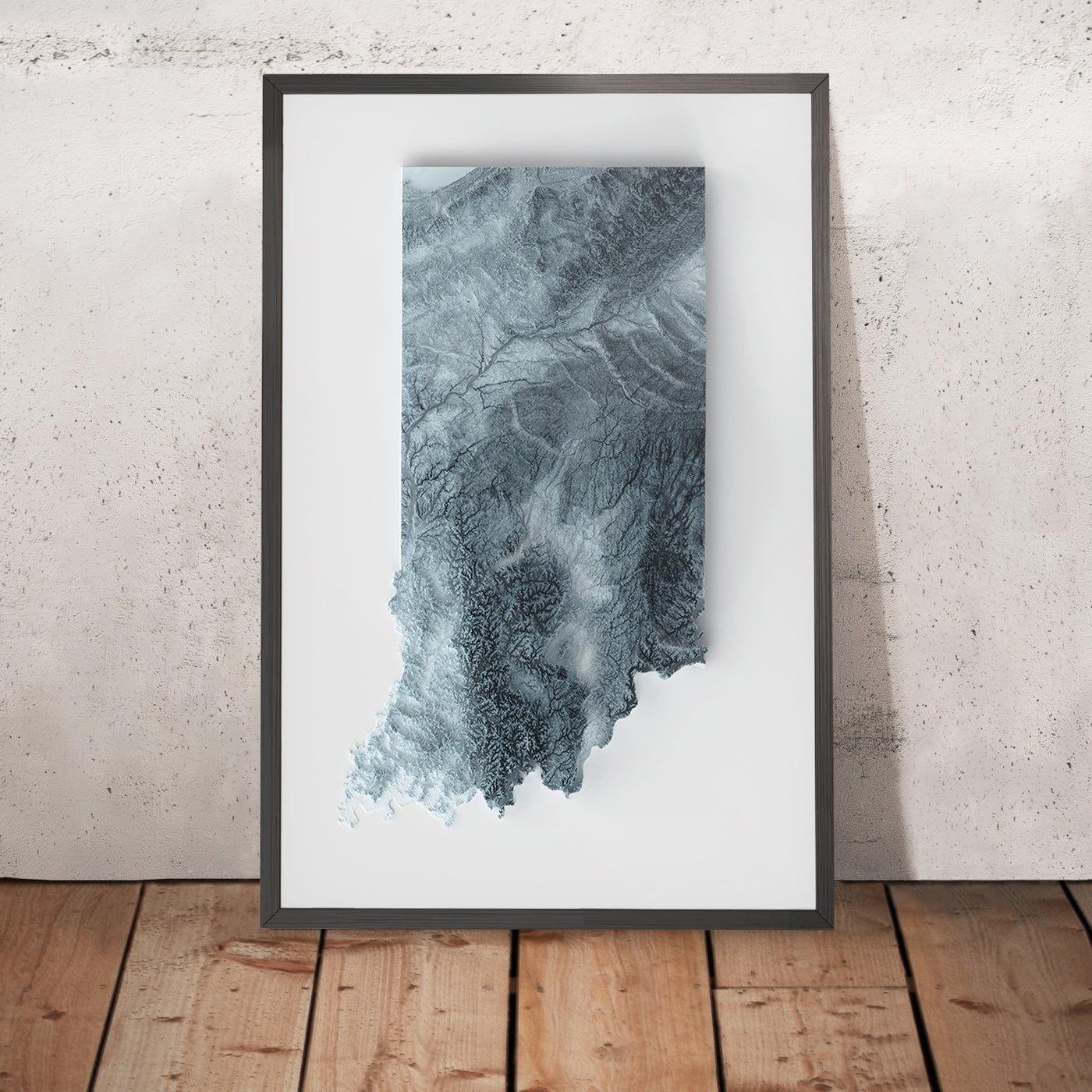 A framed image of a 3D style topographic relief map ofIndiana