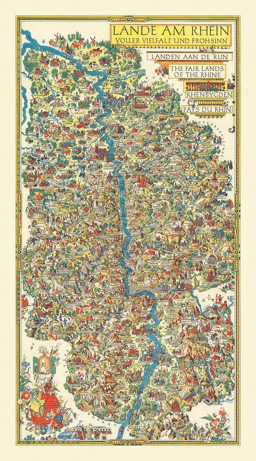 Antiguo mapa ilustrado de Alemania de Faller, 1950: río Rin, castillos, Colonia, Düsseldorf, montañas.