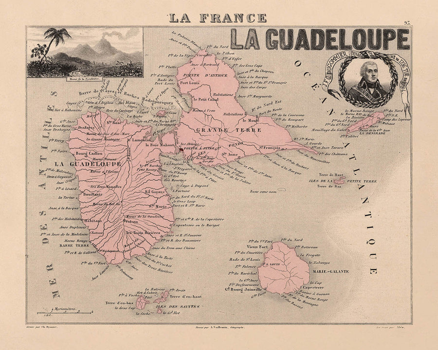 Antica mappa della Guadalupa di Vuillemin, 1869: Pointe-à-Pitre, Basse-Terre, Grande-Terre, Marie-Galante, canna da zucchero 