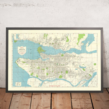 Old City Map of Vancouver by Wrigley, 1947: Stanley Park, Lions Gate Bridge, Burrard Inlet, False Creek, Fraser River