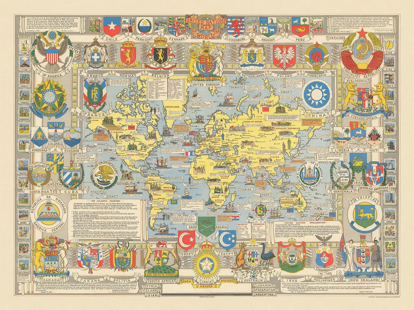 Old World Map of the United Nations, 1948: Post-WWII Era, Pictorial Style