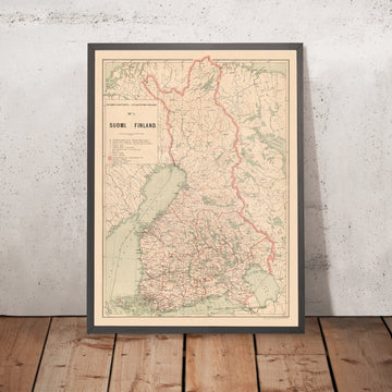 Ancienne carte de la Finlande, 1897 : Helsinki, Tampere, Golfe de Botnie, Chemins de fer, Frontières 