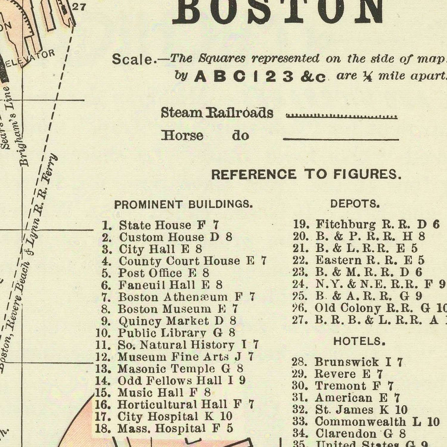 Mappa antica di Boston di Fisk & Co., 1893: The Common, Giardino Pubblico, The Fens, Fiume Charles, Franklin Park 