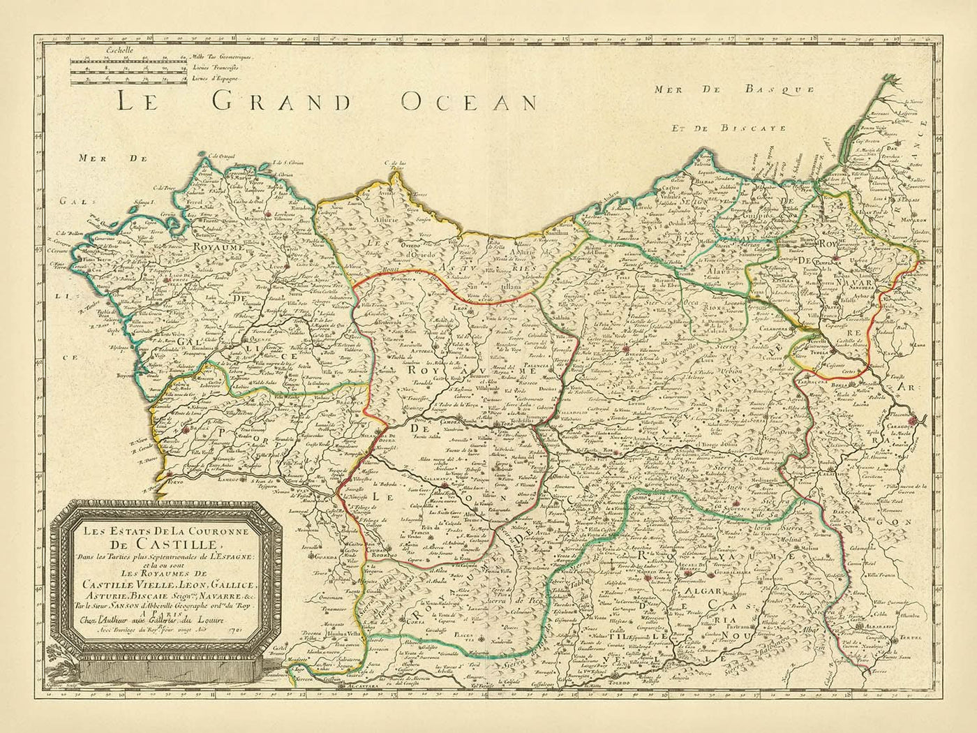 Mapa antiguo del norte de España de Sanson, 1652: Burgos, Valladolid, río Duero, golfo de Vizcaya, fronteras