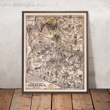 Old Pictorial Map of Arizona by Manning, 1935: Grand Canyon NP, Phoenix, Tucson, Saguaro NP, Petrified Forest NP