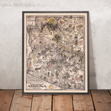 Old Pictorial Map of Arizona by Manning, 1935: Grand Canyon NP, Phoenix, Tucson, Saguaro NP, Petrified Forest NP