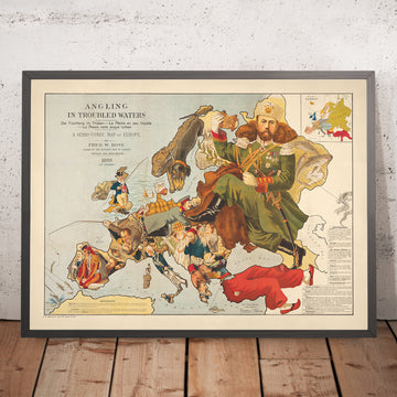 Alte serio-komische Karte von Europa von Fred Rose, 1899: "Angling in Troubled Waters" 