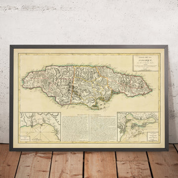 Old Map of Jamaica by Lattré, 1779: Kingston, Port Royal, Spanish Town, Blue Mountains, Bluefields Harbor