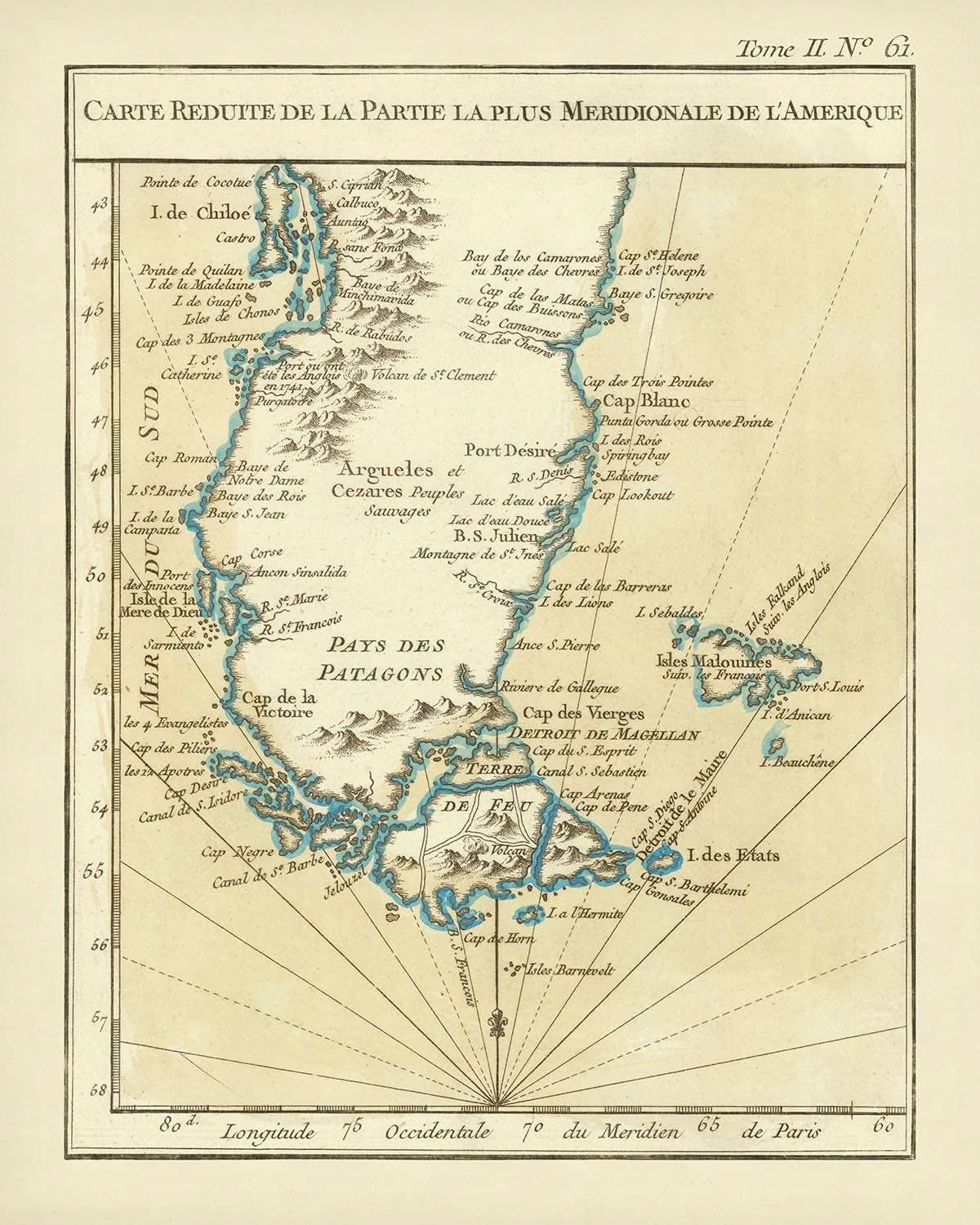 Old Map of Patagonia & Straits of Magellan by Bellin, 1764: Andes, Cape Horn, Islas Malvinas (Falklands)