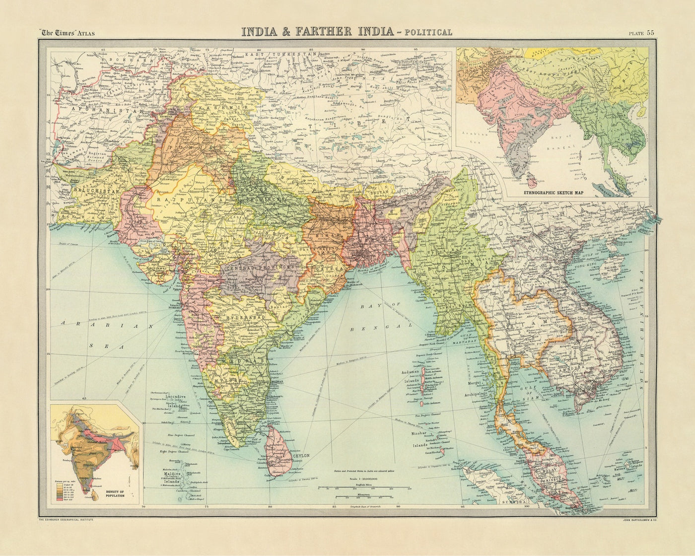 Old Political Map of India & Southeast Asia by Bartholomew, 1922: Bomb ...