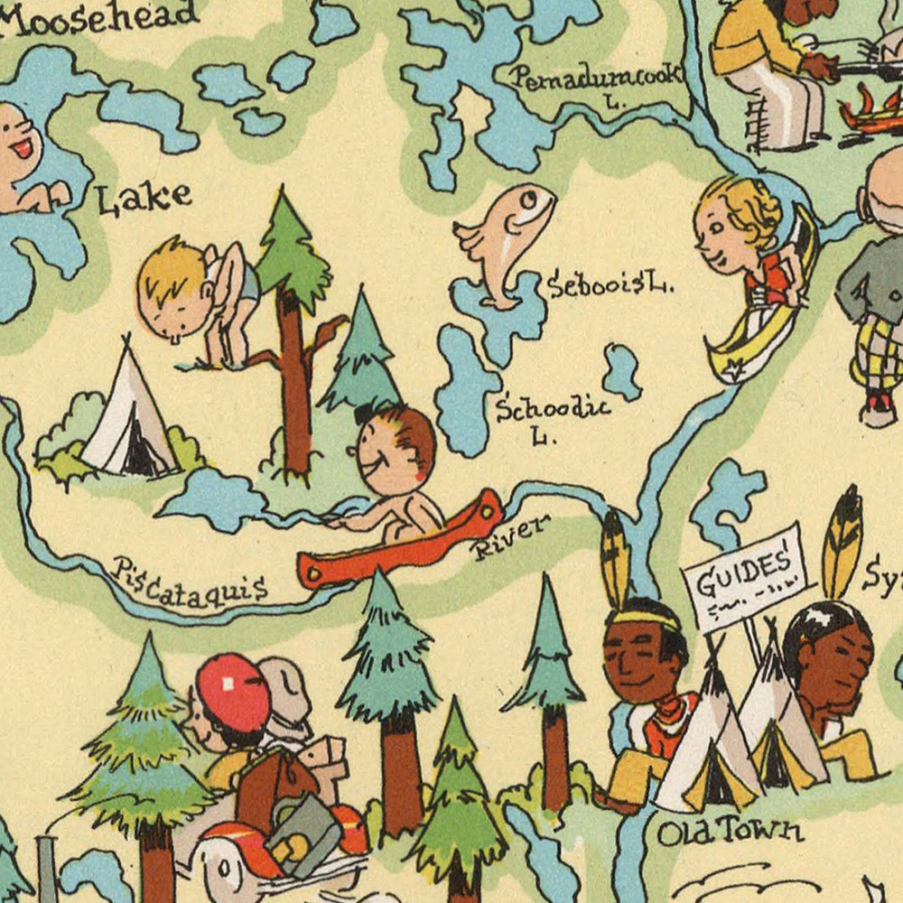 Pictorial Map of Maine by Ruth Taylor White, 1935: Portland, Bangor, Timber, Lobstering, Katahdin