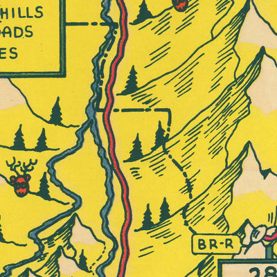 Ancienne carte illustrée du parc national du mont Rainier par les frères Lindgren, 1940 : Columbia Crest, Paradise Inn, Wonderland Trail, Reflection Lake, Longmire.