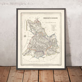 Mapa antiguo de Breconshire, Gales, de Lewis, 1844: Brecon, Hay-on-Wye, Brecon Beacons, río Usk, lago Llangorse 