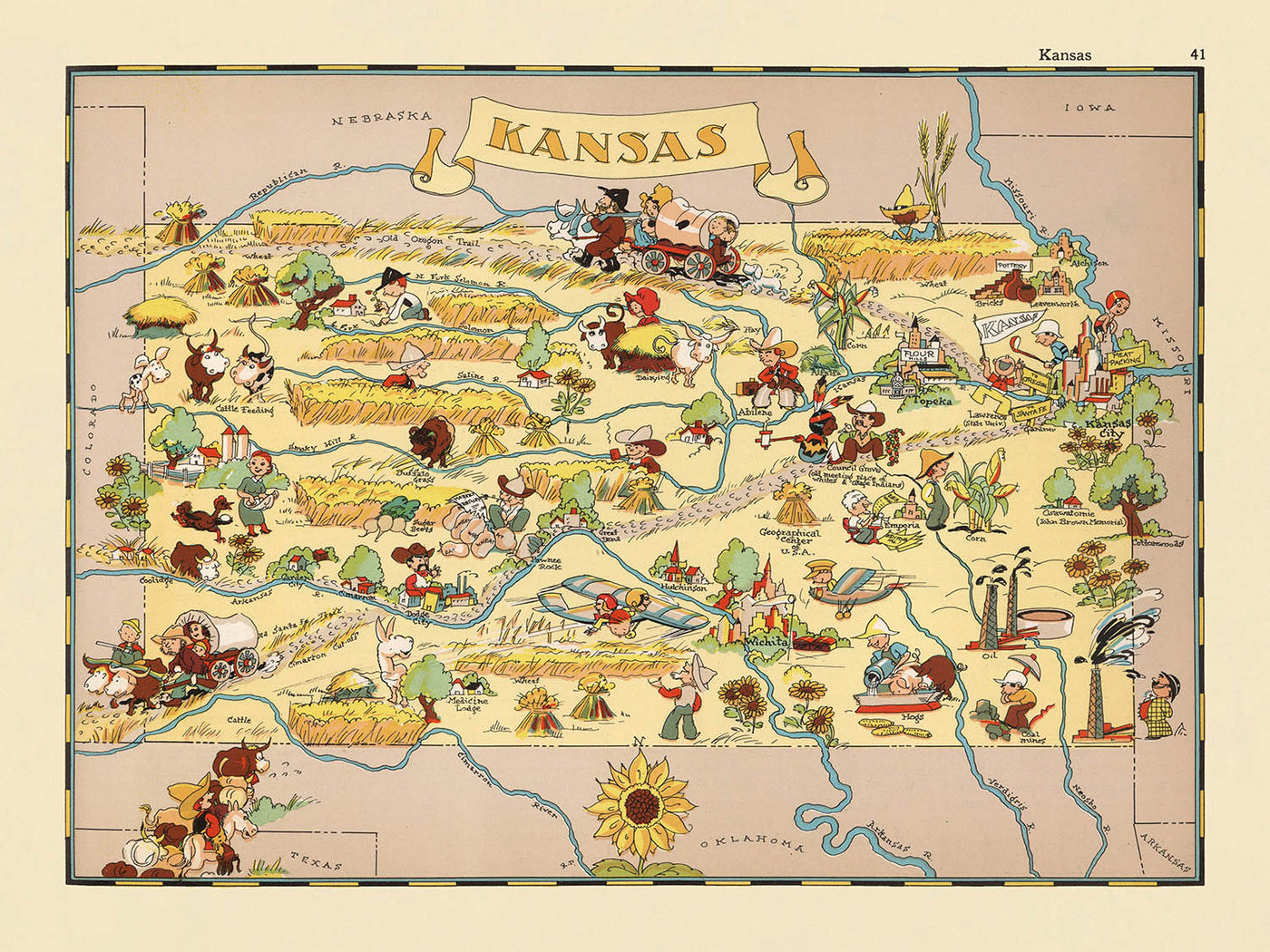 Pictorial Map of Kansas by Ruth Taylor White, 1935: Wichita, Kansas City, Topeka, Railroads, Sunflowers