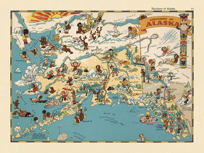 Pictorial Map of Alaska by Ruth Taylor White, 1935: Anchorage, Fairbanks, Yukon River, Glaciers, Aleutians