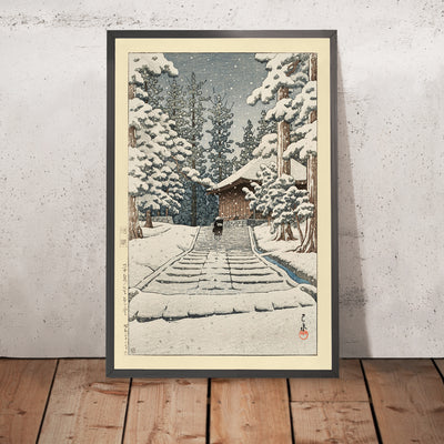 A framed image of Konjiki Hall at Hiraizumi by Hasui Kawase 1935