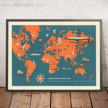 Old East German Lufthansa Flight Routes World Map, 1962: Cold War PR; pictorial jet-age; compass rose, crane logo