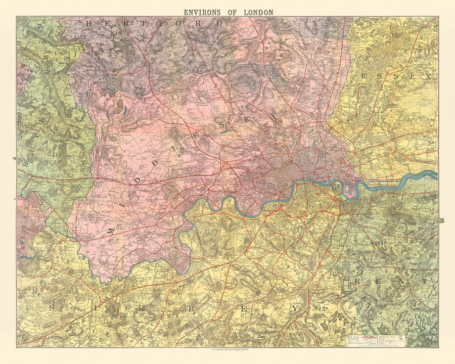 Vecchia mappa vittoriana di Londra, 1890: altamente dettagliata, confini di contea, ridotta dall&