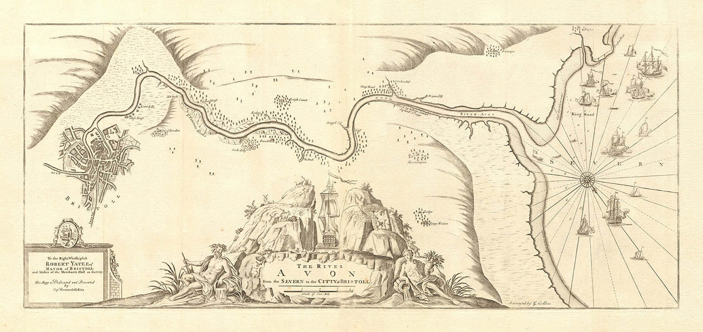Old Nautical Map of Bristol, River Avon & Severn Estuary by Collins, 1774: William III Landing, Portishead